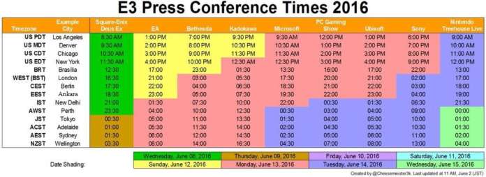 E3 2016 Konferans Saatleri